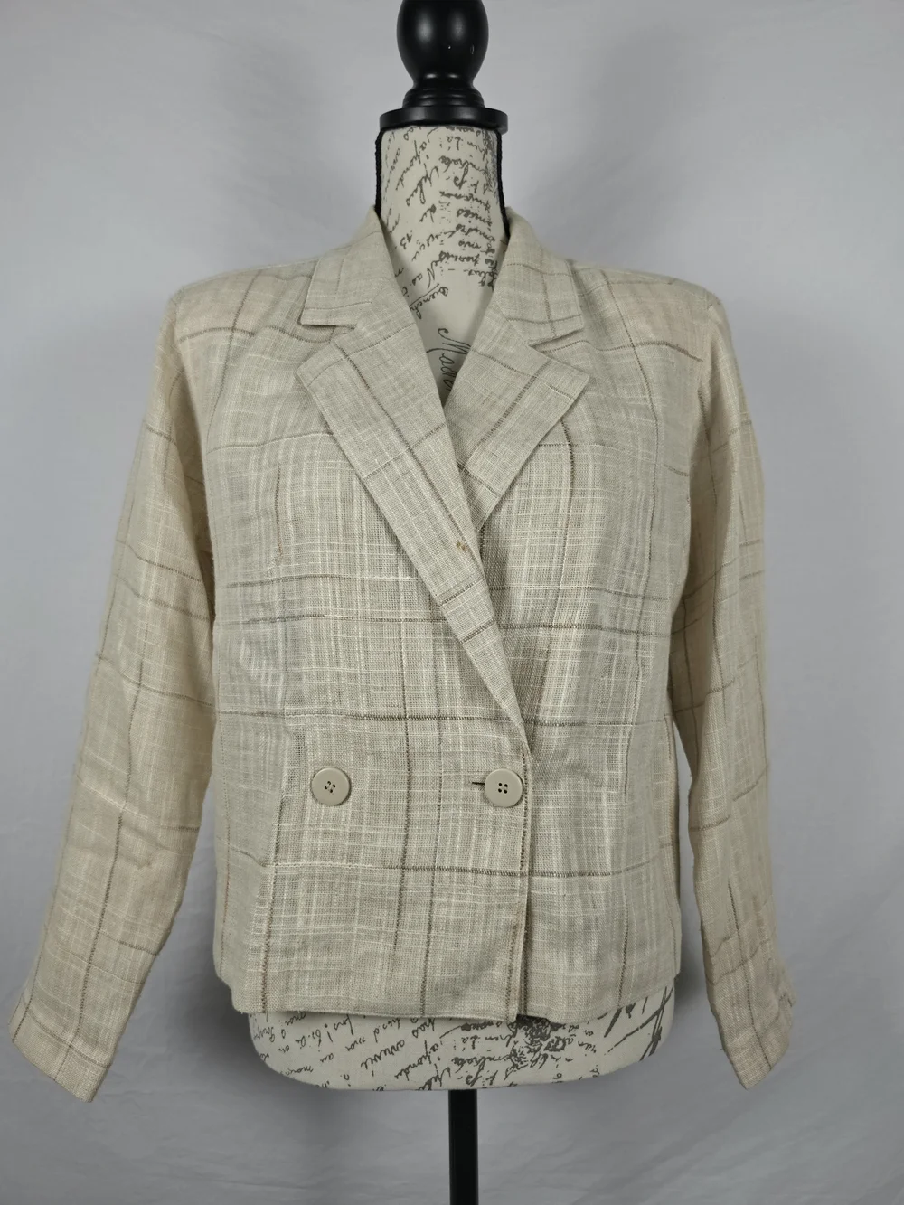 Vintage Christian Dior Separates Plaid Linen Blend Blazer Jacket Cream Beige - 8
